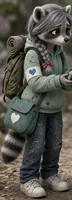 Daryna, a raccoon girl with a grey braid, a green hoodie and a backpack