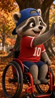 Mateo, a raccoon boy in a red wheelchair and a number 10 soccer jersey