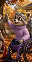 Sami, a raccoon girl in a purple wheelchair, lilac sweater and yellow bow